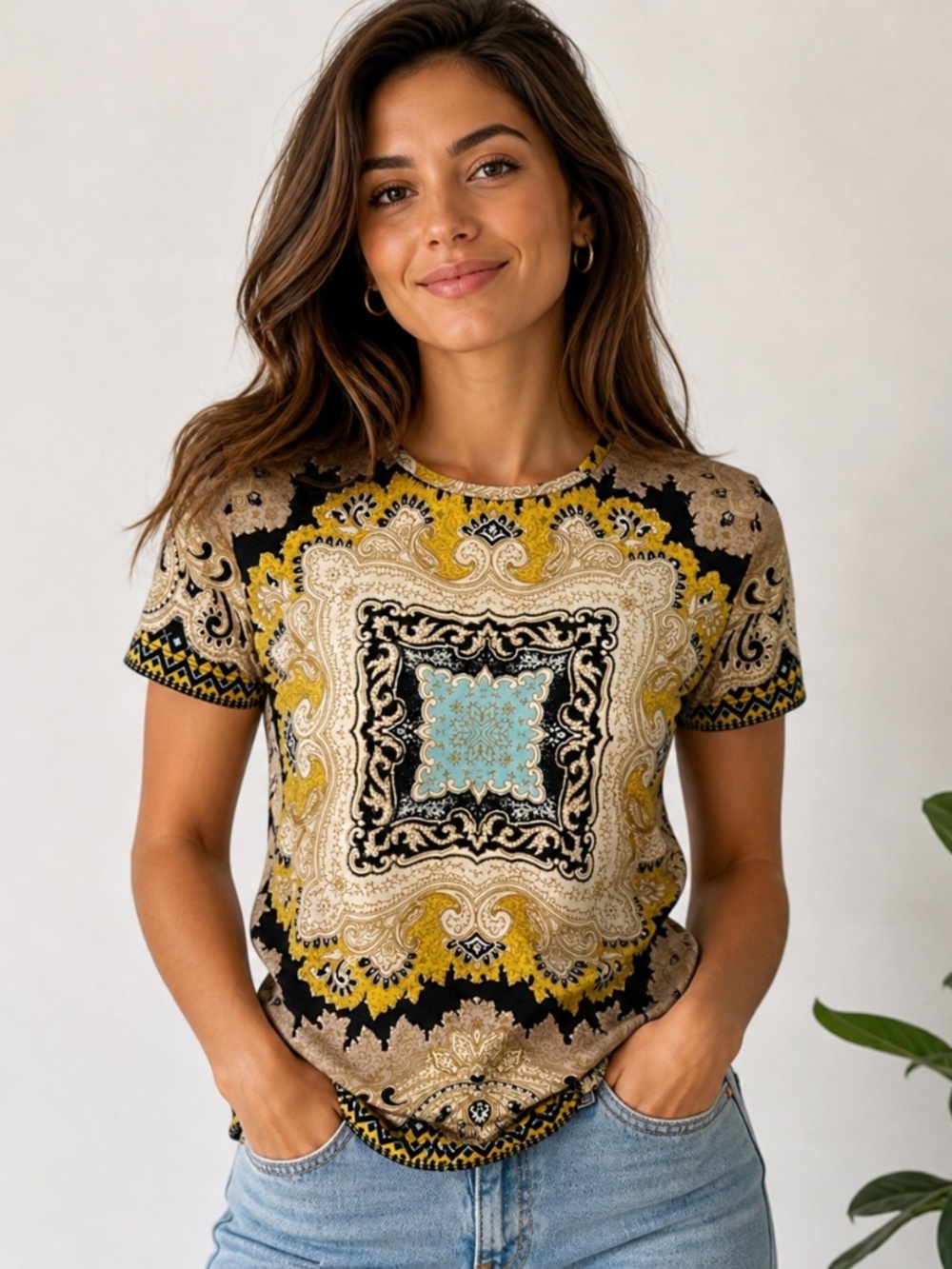 ETRO Italy Paisley Medallion Baroque Print Knit Top Short Sleeve Luxe Tee 42